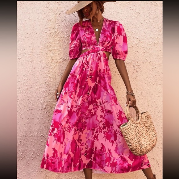 SHEIN Dresses Hot Pink Floral Midi Dress Poshmark